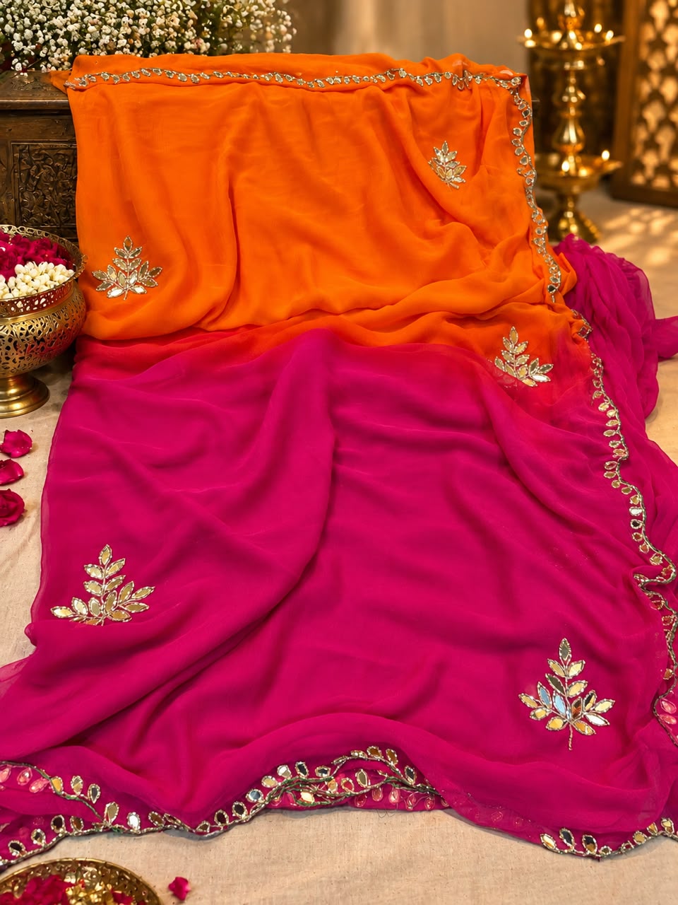 HALF PURE SHIFFON FABRIC HANDW0RK SAREE